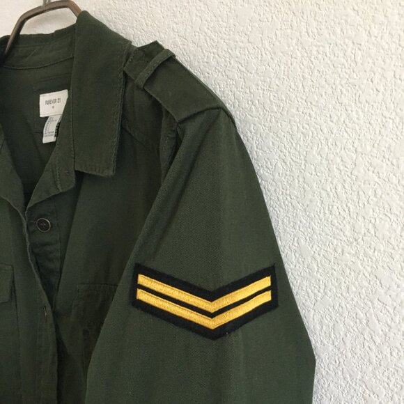 Forever 21 Womens L Military Shirt Button Up Embroidered Patch Cotton Green - Picture 3 of 12